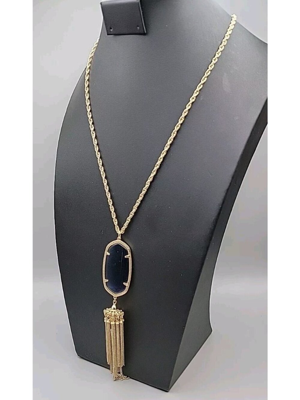 Kendra Scott Rayne Necklace 14kgp Navy Blue Faux Cats Eye Tassel Pendant 30" - Picture 6 of 14